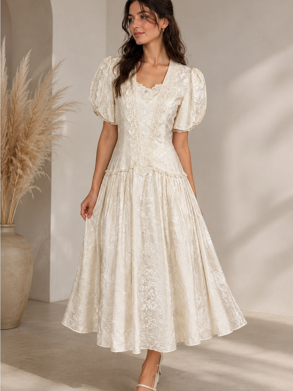 Vintage Scott McClintock Ivory Floral Lace Puff Sleeve Drop Waist Dress S Praire